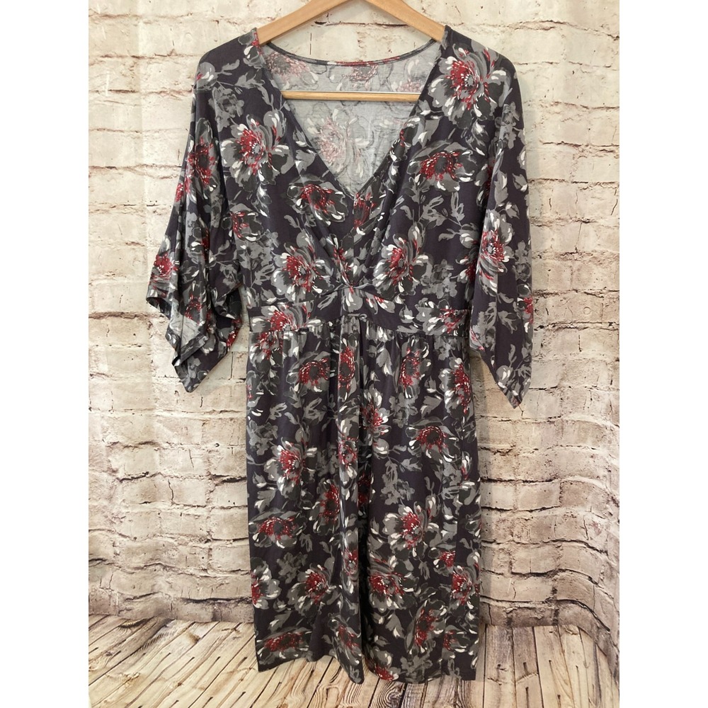 Garnet Hill Dress Womens Small Gray Floral A Line Midi Stretch Kimono Sleeve